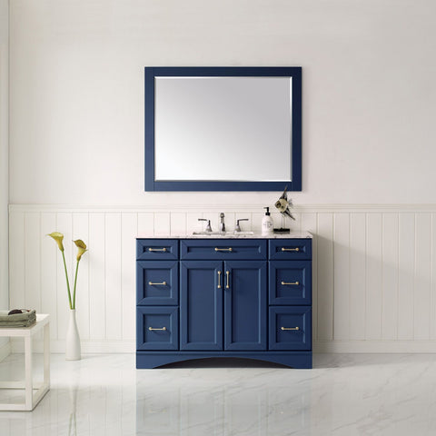 Image of Naples 48" Vanity in Royal Blue with Carrara White Marble Countertop With Mirror