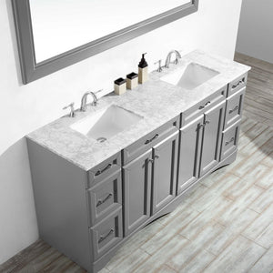 Naples 72" Vanity in Grey with Carrara White Marble Countertop With Mirror