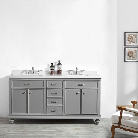 Image of Charlotte 72" Double Vanity in Grey with Carrara Quartz Stone Top Without Mirror