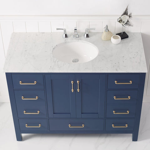 Image of Gela 48" Single Vanity in Royal Blue with Carrara White Marble Countertop Without Mirror