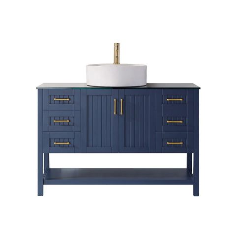 Image of Modena 48” Vanity in Royal Blue with Glass Countertop with White Vessel Sink Without Mirror