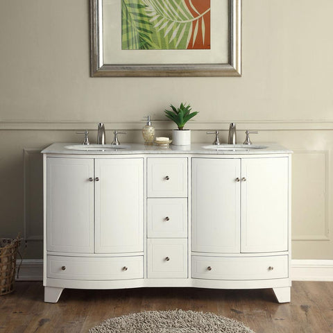 Image of Silkroad Exclusive  60-inch Carrara White Marble Top Double Sink Bathroom Vanity - V0291WW60D