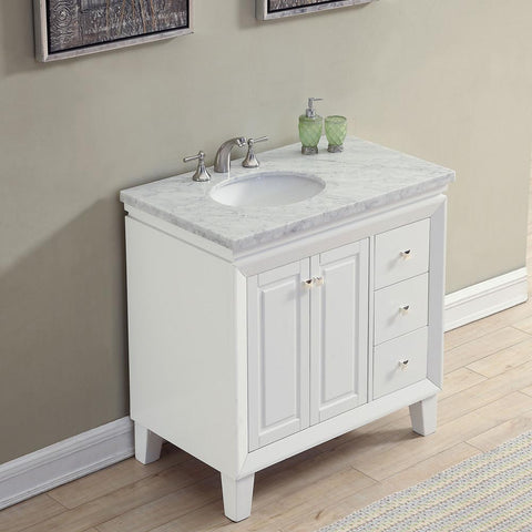 Image of Silkroad Exclusive  36-inch Carrara White Marble Top Single Sink Bathroom Vanity - V0320WW36L