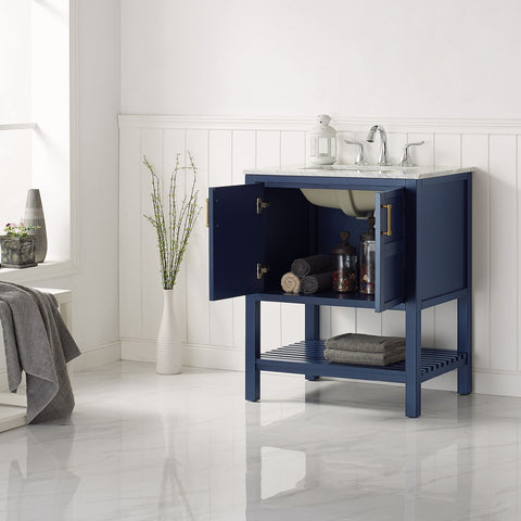 Image of Florence 30" Vanity in Royal Blue with Carrara White Marble Countertop Without Mirror