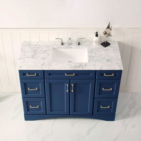 Image of Naples 48" Vanity in Royal Blue with Carrara White Marble Countertop Without Mirror