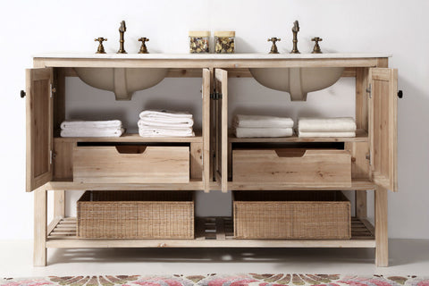 Image of 60" Solid Wood Sink Vanity with Marble top - No faucet