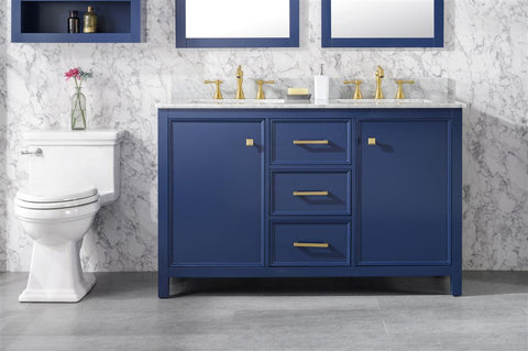 Image of 54" Blue Finish Double Sink Vanity Cabinet With Carrara White Top