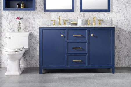 54" Blue Finish Double Sink Vanity Cabinet With Carrara White Top