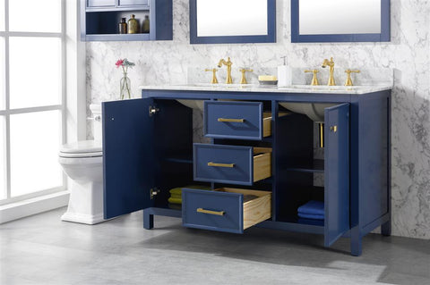 Image of 54" Blue Finish Double Sink Vanity Cabinet With Carrara White Top