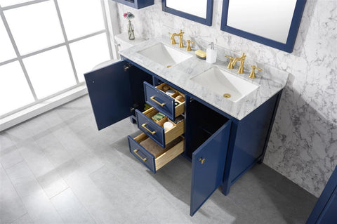 Image of 54" Blue Finish Double Sink Vanity Cabinet With Carrara White Top