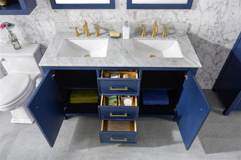 Image of 54" Blue Finish Double Sink Vanity Cabinet With Carrara White Top