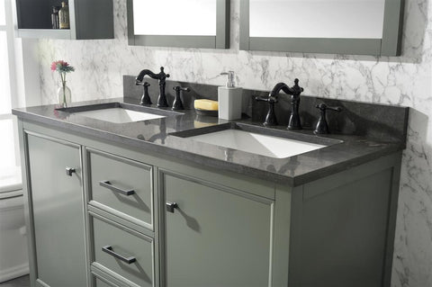 Image of 54" Pewter Green Finish Double Sink Vanity Cabinet With Blue Lime Stone Top