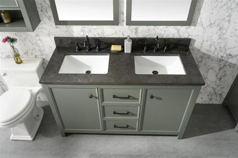 Image of 54" Pewter Green Finish Double Sink Vanity Cabinet With Blue Lime Stone Top