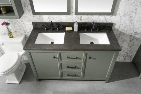 54" Pewter Green Finish Double Sink Vanity Cabinet With Blue Lime Stone Top