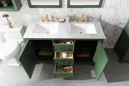 54" Vogue Green Finish Double Sink Vanity Cabinet With Carrara White Top