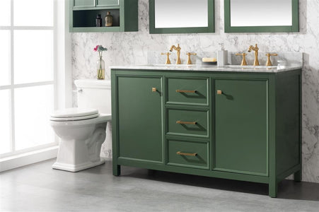 54" Vogue Green Finish Double Sink Vanity Cabinet With Carrara White Top