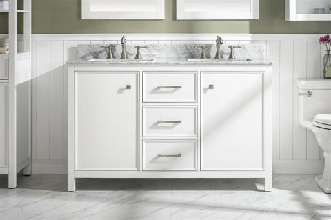 Image of 54" White Finish Double Sink Vanity Cabinet With Carrara White Top