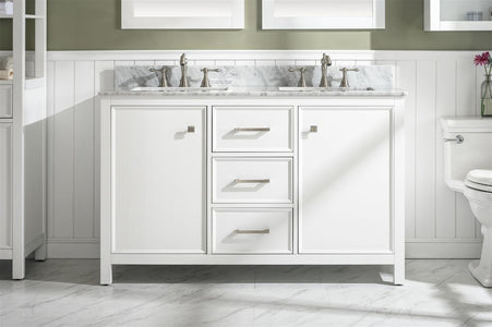 54" White Finish Double Sink Vanity Cabinet With Carrara White Top