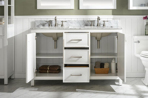 Image of 54" White Finish Double Sink Vanity Cabinet With Carrara White Top