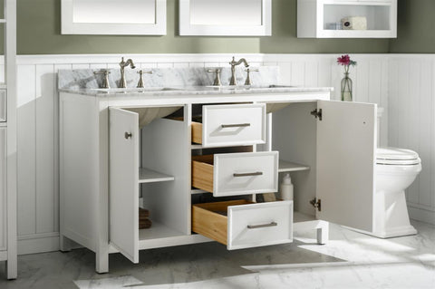 Image of 54" White Finish Double Sink Vanity Cabinet With Carrara White Top