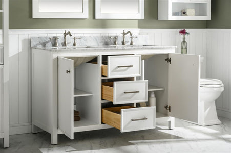 54" White Finish Double Sink Vanity Cabinet With Carrara White Top