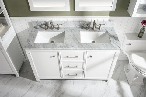 Image of 54" White Finish Double Sink Vanity Cabinet With Carrara White Top