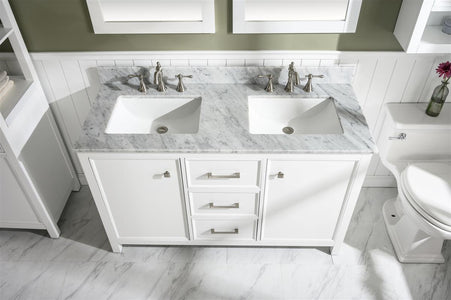 54" White Finish Double Sink Vanity Cabinet With Carrara White Top