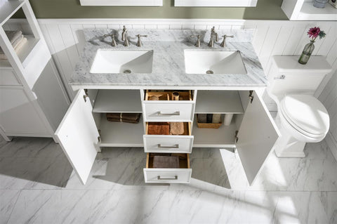 Image of 54" White Finish Double Sink Vanity Cabinet With Carrara White Top