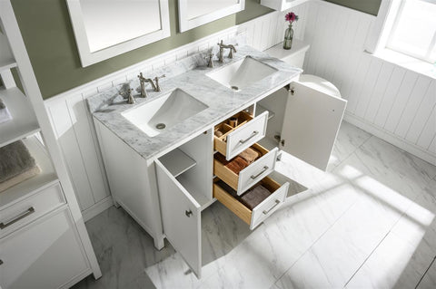 Image of 54" White Finish Double Sink Vanity Cabinet With Carrara White Top