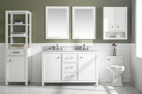 54" White Finish Double Sink Vanity Cabinet With Carrara White Top