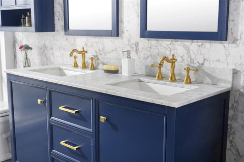 Image of 60" Blue Finish Double Sink Vanity Cabinet With Carrara White Top