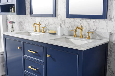 60" Blue Finish Double Sink Vanity Cabinet With Carrara White Top