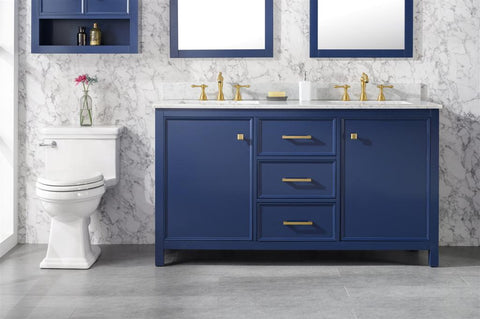 Image of 60" Blue Finish Double Sink Vanity Cabinet With Carrara White Top