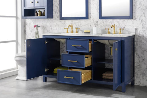 Image of 60" Blue Finish Double Sink Vanity Cabinet With Carrara White Top