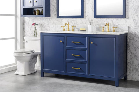 Image of 60" Blue Finish Double Sink Vanity Cabinet With Carrara White Top