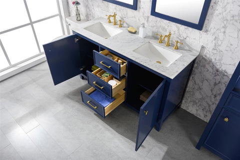 Image of 60" Blue Finish Double Sink Vanity Cabinet With Carrara White Top