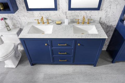 Image of 60" Blue Finish Double Sink Vanity Cabinet With Carrara White Top