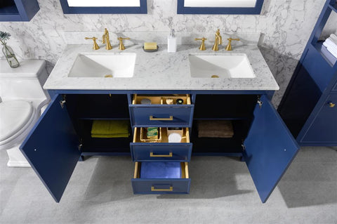 Image of 60" Blue Finish Double Sink Vanity Cabinet With Carrara White Top