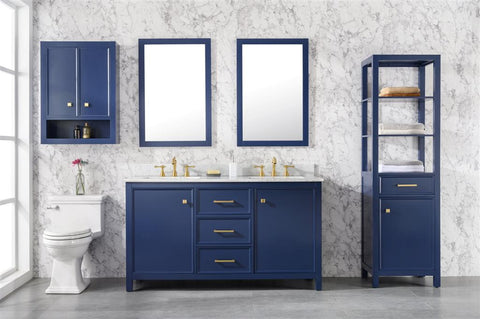 Image of 60" Blue Finish Double Sink Vanity Cabinet With Carrara White Top