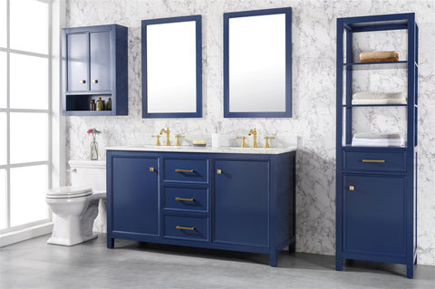 Image of 60" Blue Finish Double Sink Vanity Cabinet With Carrara White Top