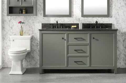 Image of 60" Pewter Green Finish Double Sink Vanity Cabinet With Blue Lime Stone Top