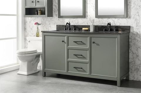 Image of 60" Pewter Green Finish Double Sink Vanity Cabinet With Blue Lime Stone Top