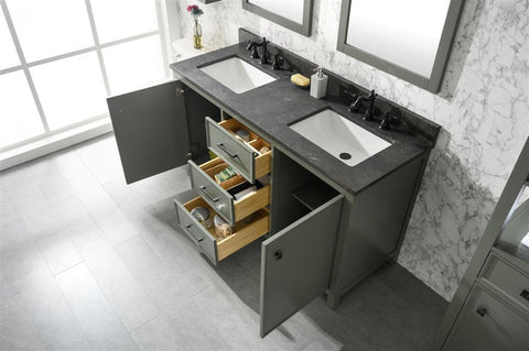 Image of 60" Pewter Green Finish Double Sink Vanity Cabinet With Blue Lime Stone Top