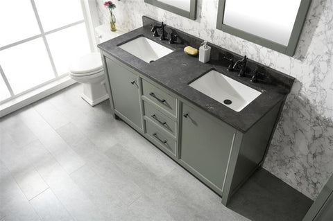 Image of 60" Pewter Green Finish Double Sink Vanity Cabinet With Blue Lime Stone Top