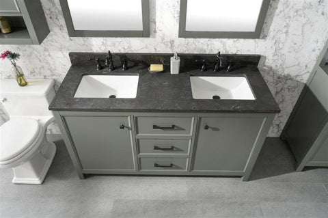 Image of 60" Pewter Green Finish Double Sink Vanity Cabinet With Blue Lime Stone Top