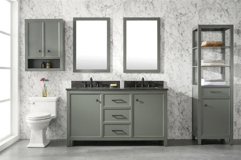 Image of 60" Pewter Green Finish Double Sink Vanity Cabinet With Blue Lime Stone Top