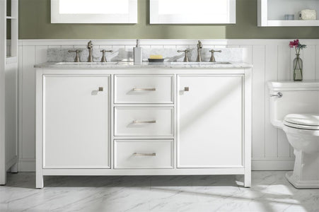 60" White Finish Double Sink Vanity Cabinet With Carrara White Top