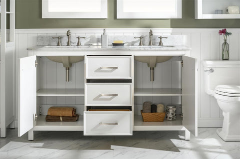 Image of 60" White Finish Double Sink Vanity Cabinet With Carrara White Top