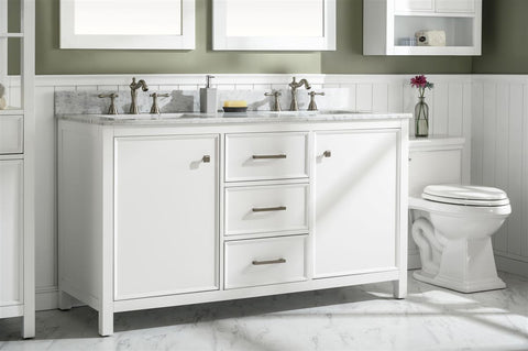 Image of 60" White Finish Double Sink Vanity Cabinet With Carrara White Top