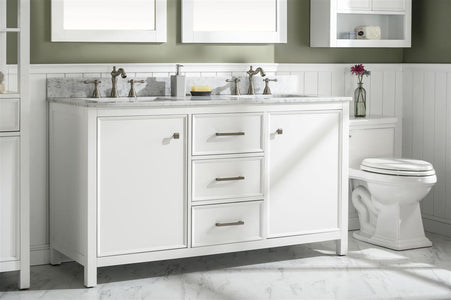 60" White Finish Double Sink Vanity Cabinet With Carrara White Top